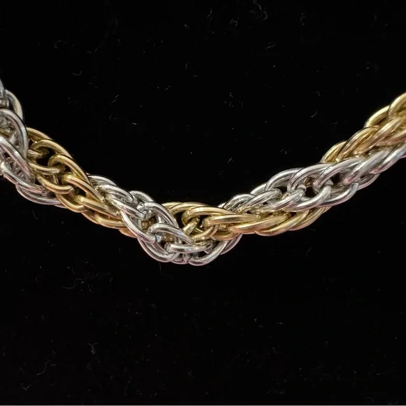 Twisted Rope Chain Necklace Silver Gold Tone Metal 24” Barrel Clasp 2 Tone Woven - Picture 2 of 3